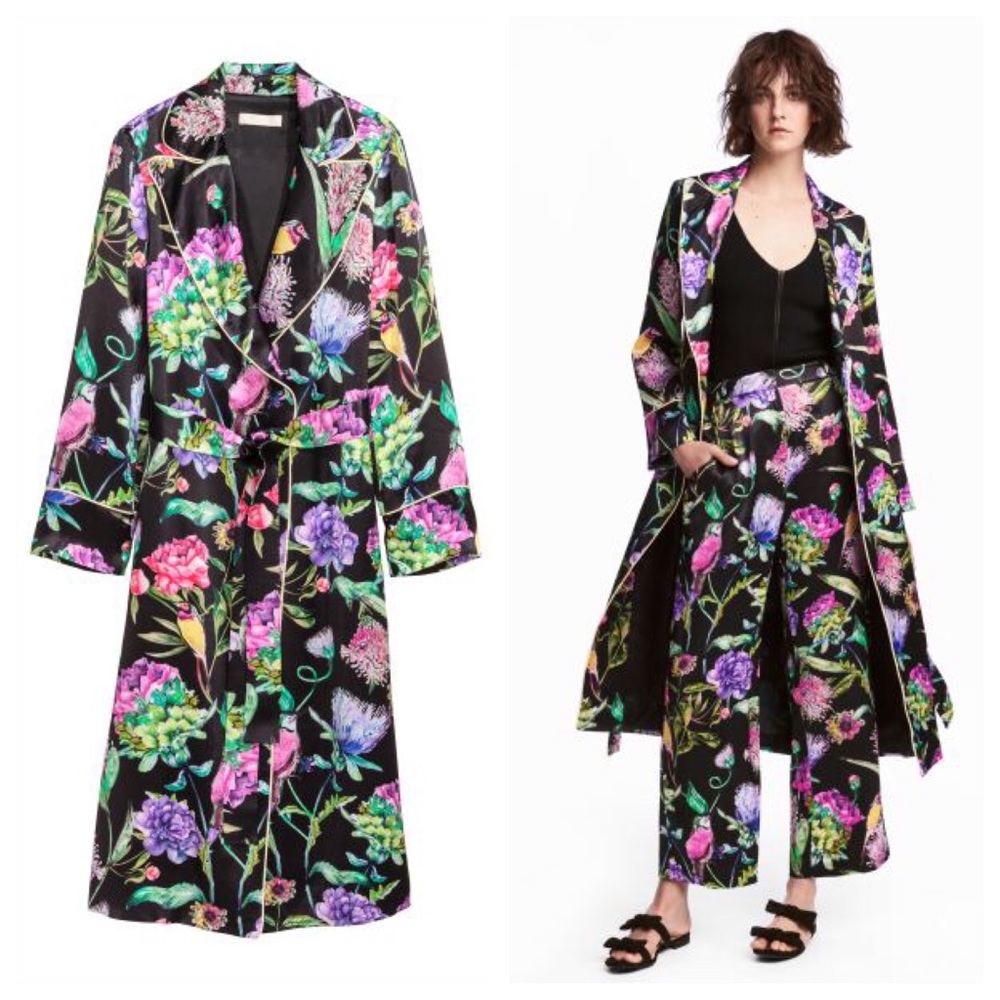 H&M Floral Satin Coat Kimono and Pants Set Small